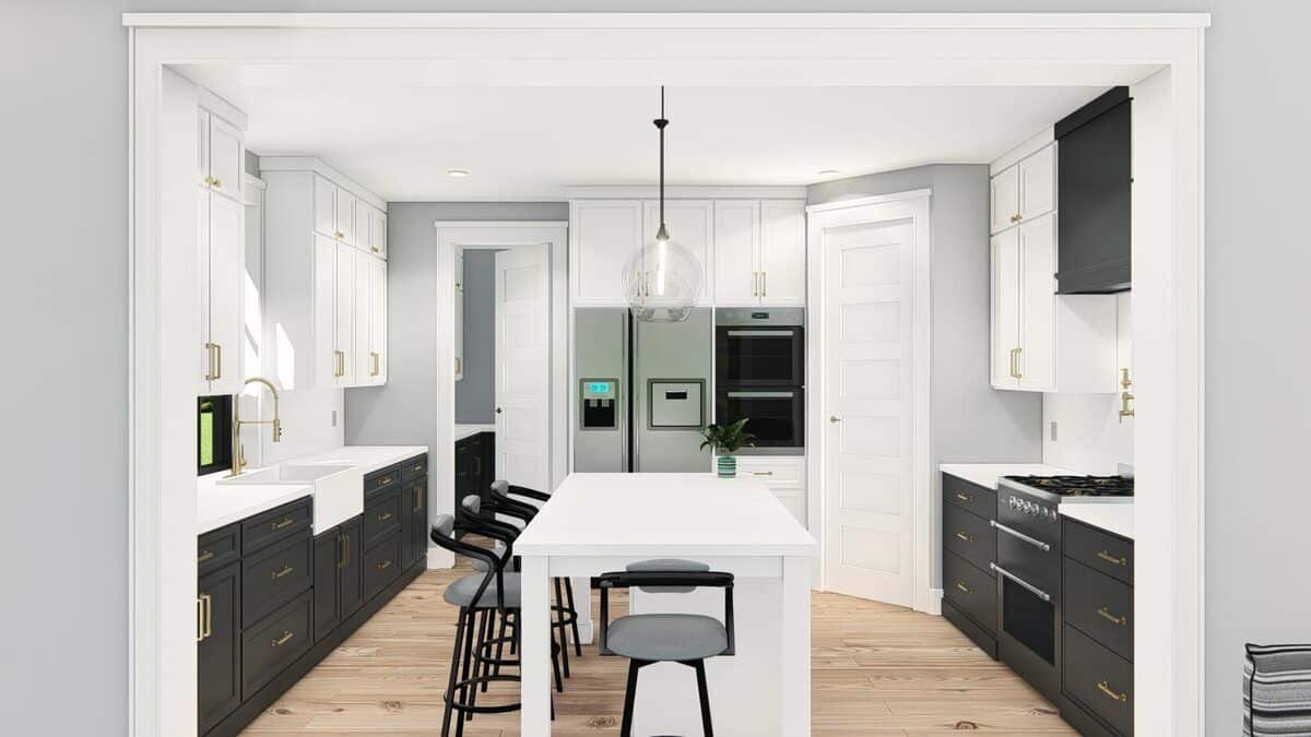 Kitchen with contrasting cabinetry, a corner pantry, and a breakfast island topped with glass pendants.