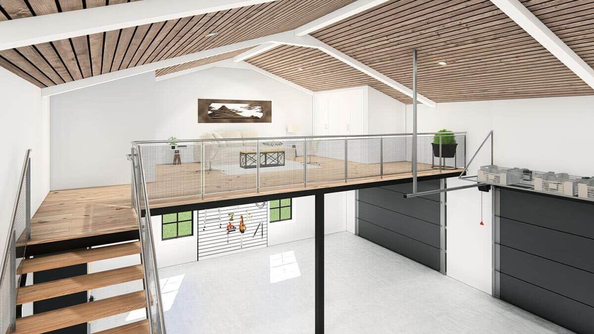 The garage includes a mezzanine that provides an additional gathering space.