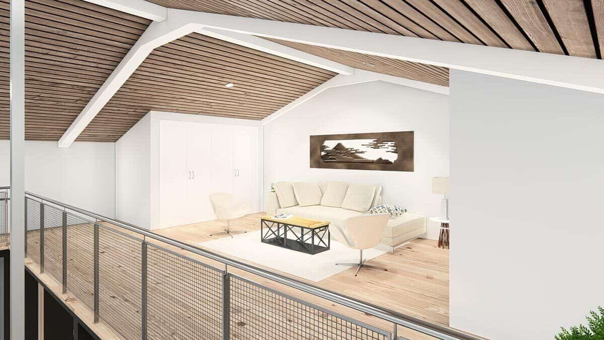 The mezzanine level is filled with a beige sofa, matching armchairs, a wood-top coffee table, and floor-to-ceiling cabinets.