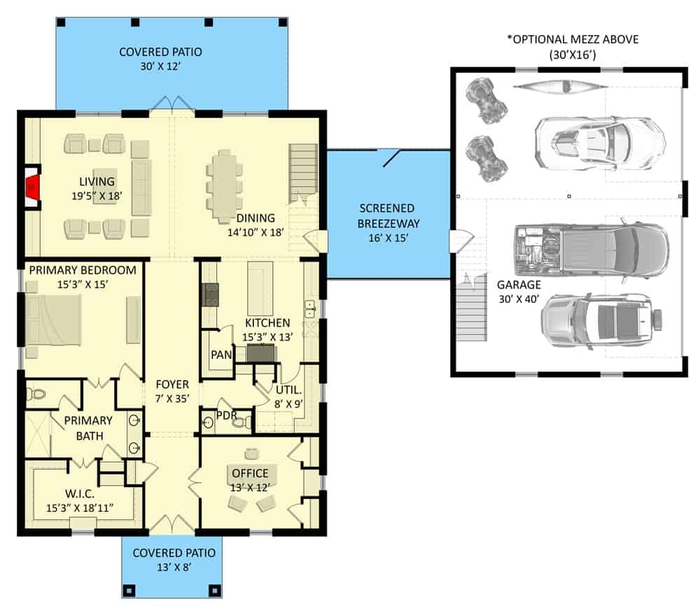 Main level floor plan of a two-story contemporary 4-bedroom rustic home with foyer, home office, living room, dining area, kitchen, primary suite, and a detached garage.