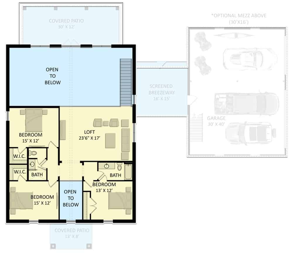 Second level floor plan with three bedrooms, a shared bathroom, and a loft.