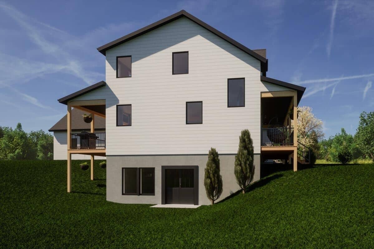 Left rendering with a French door leading to the basement.