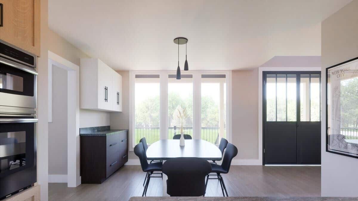 Dining area with additional counter space, a modern dining set, and floor-to-ceiling windows overlooking the front deck.