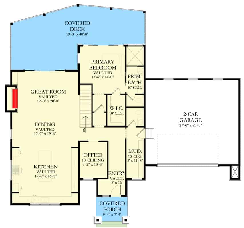 Main level floor plan of a modern 4-bedroom single-story mountain home with foyer, great room, kitchen, dining area, home office, primary suite, and mudroom that opens to the garage.