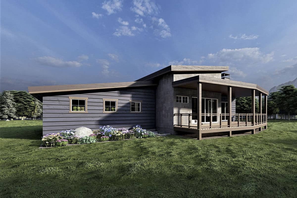 Rear-right rendering with horizontal lap siding and a covered porch bordered by wooden posts and columns.