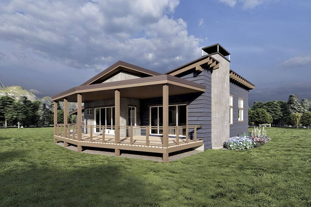 Rear-left rendering with covered porch and a stone chimney.