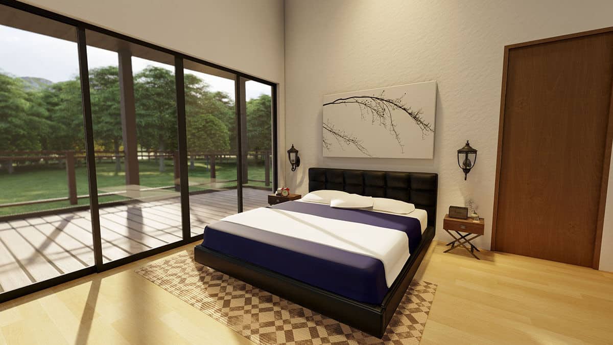 The primary bedroom has a black platform bed and private access to the back porch.