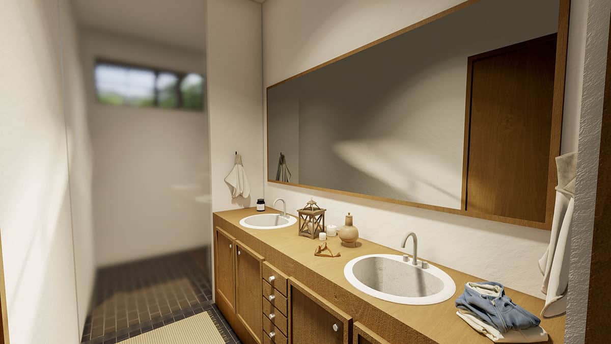 Primary bathroom with a walk-in shower and a dual sink vanity topped with a rectangular mirror.