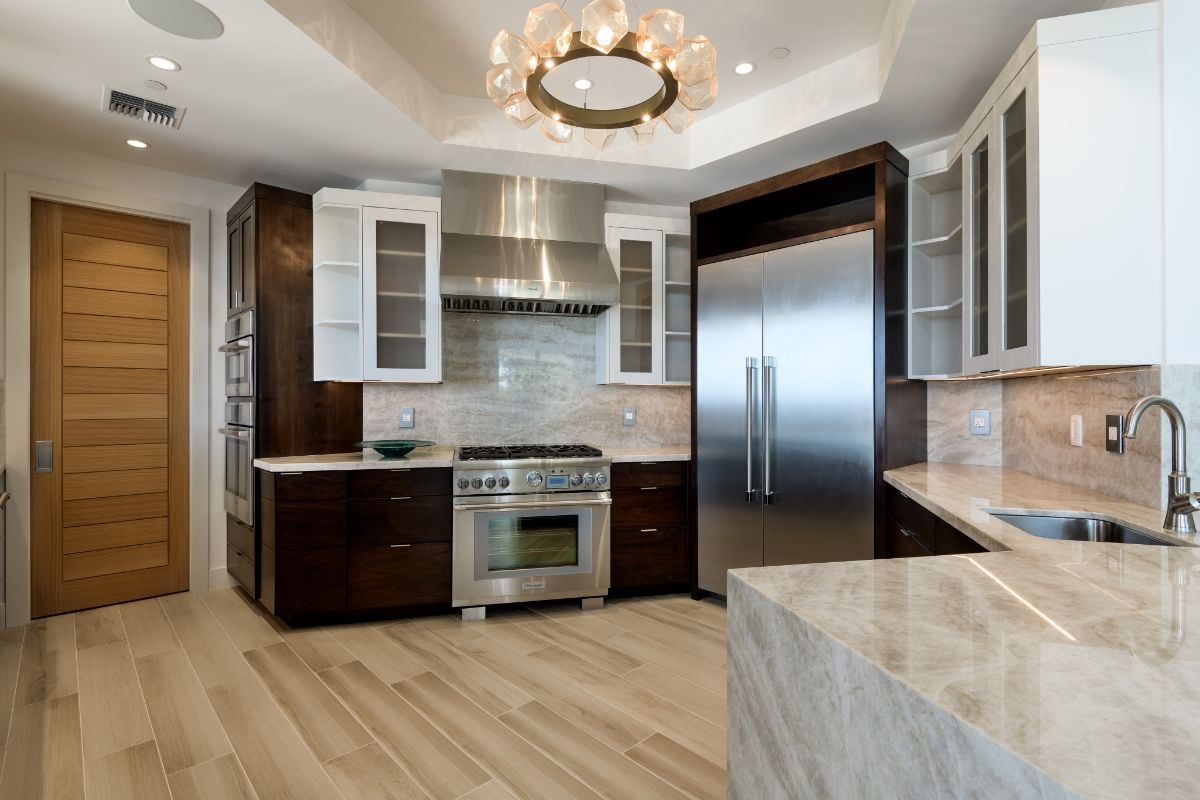 The gourmet kitchen with top-of-the-line appliances and custom design cabinetry.