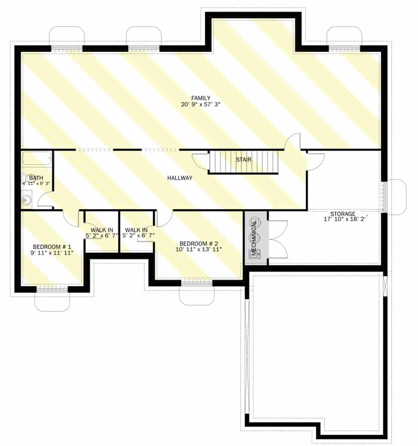 Lower level floor plan with two additional bedrooms, a common bathroom, a family room, and lots of storage.