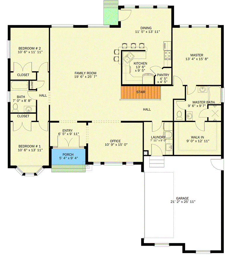 Main level floor plan of a 3-bedroom single-story New American home with foyer, family room, kitchen, dining area, three bedrooms, and laundry that opens to the garage.