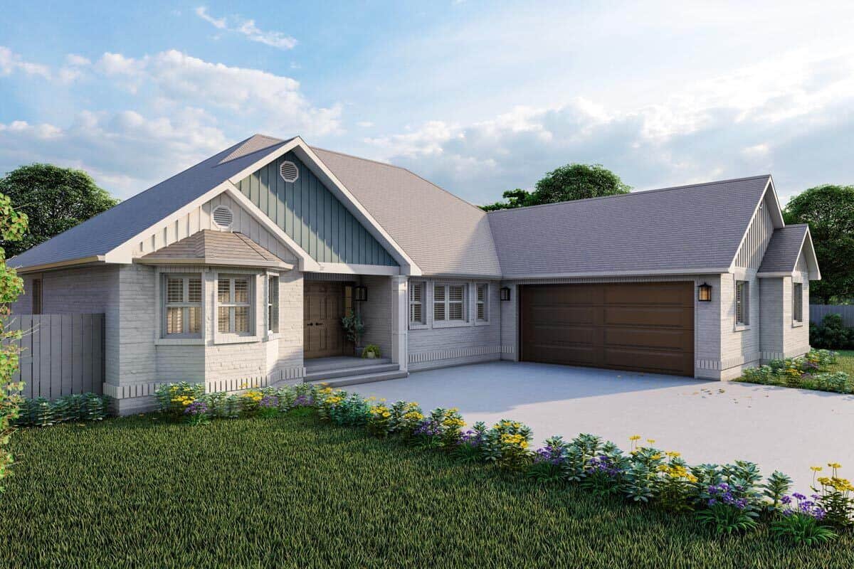 Front rendering showcasing the covered entry porch and side-loading garage.