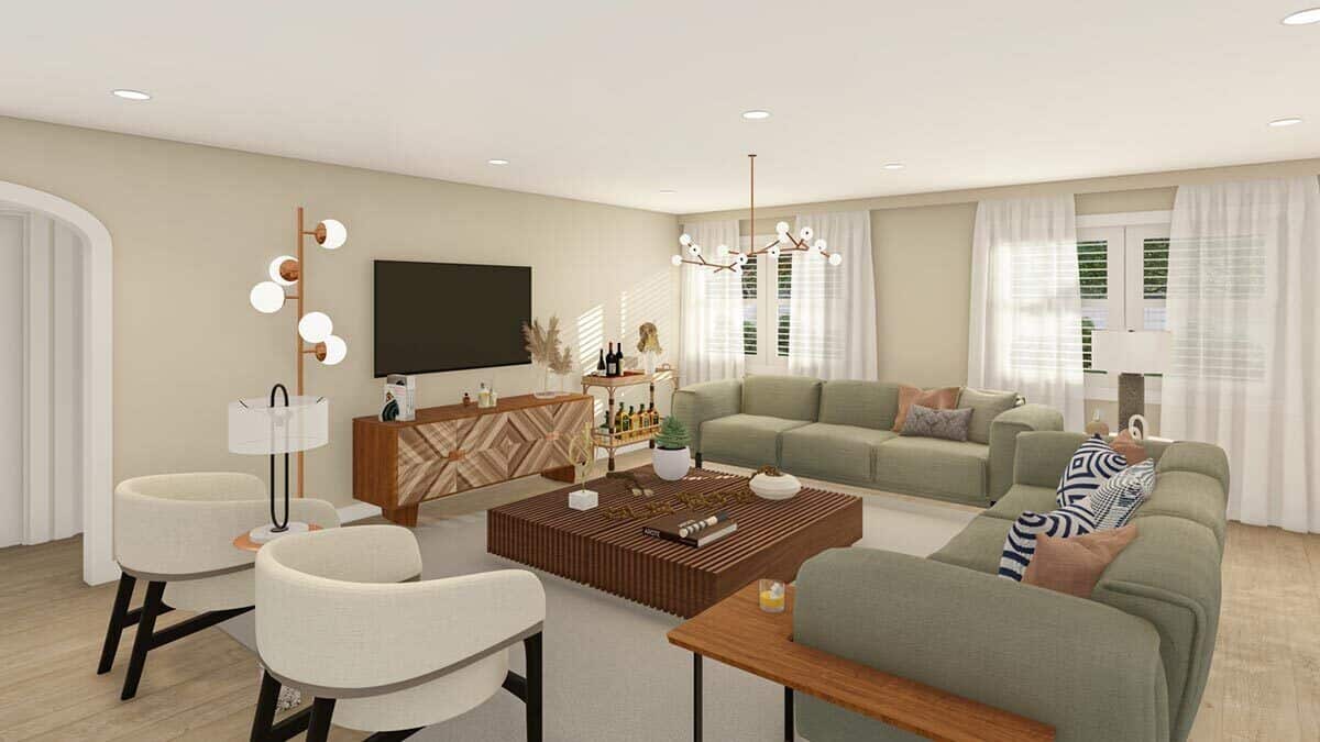 The living room offers modern seats, wooden tables, a wall-mounted TV, and louvered windows dressed in sheer curtains.