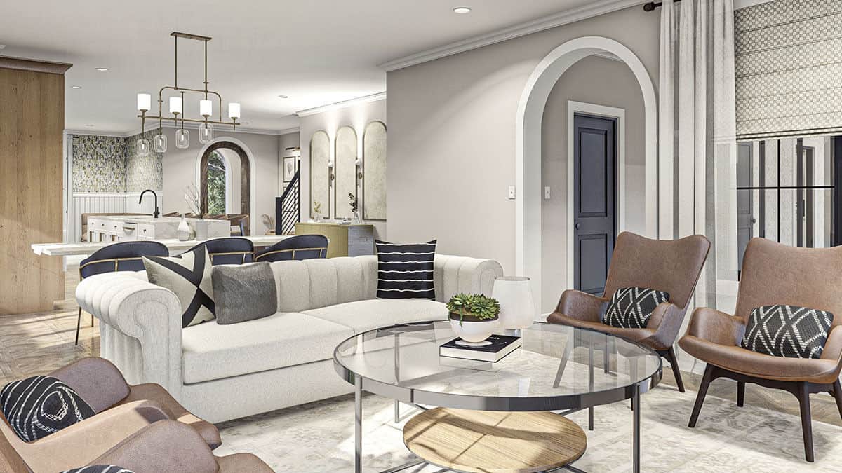 The living room opens completely to the dining area and kitchen.