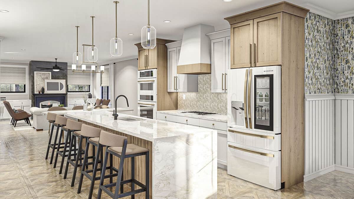 The kitchen includes white appliances and a waterfall island lined with contemporary bar stools.