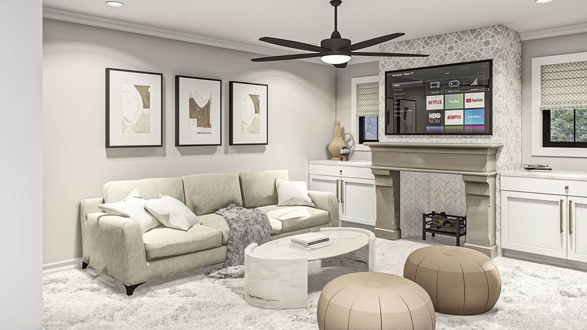 The loft offers comfy seats and a TV mounted above the fireplace.