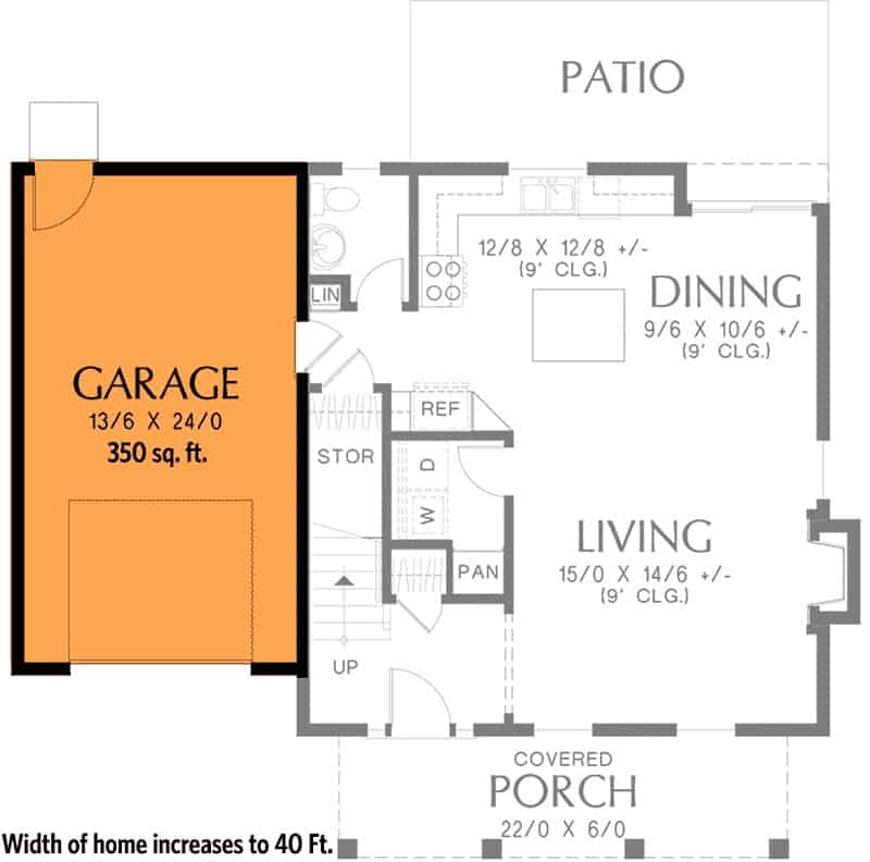 Main level floor plan with 1-Car garage option.
