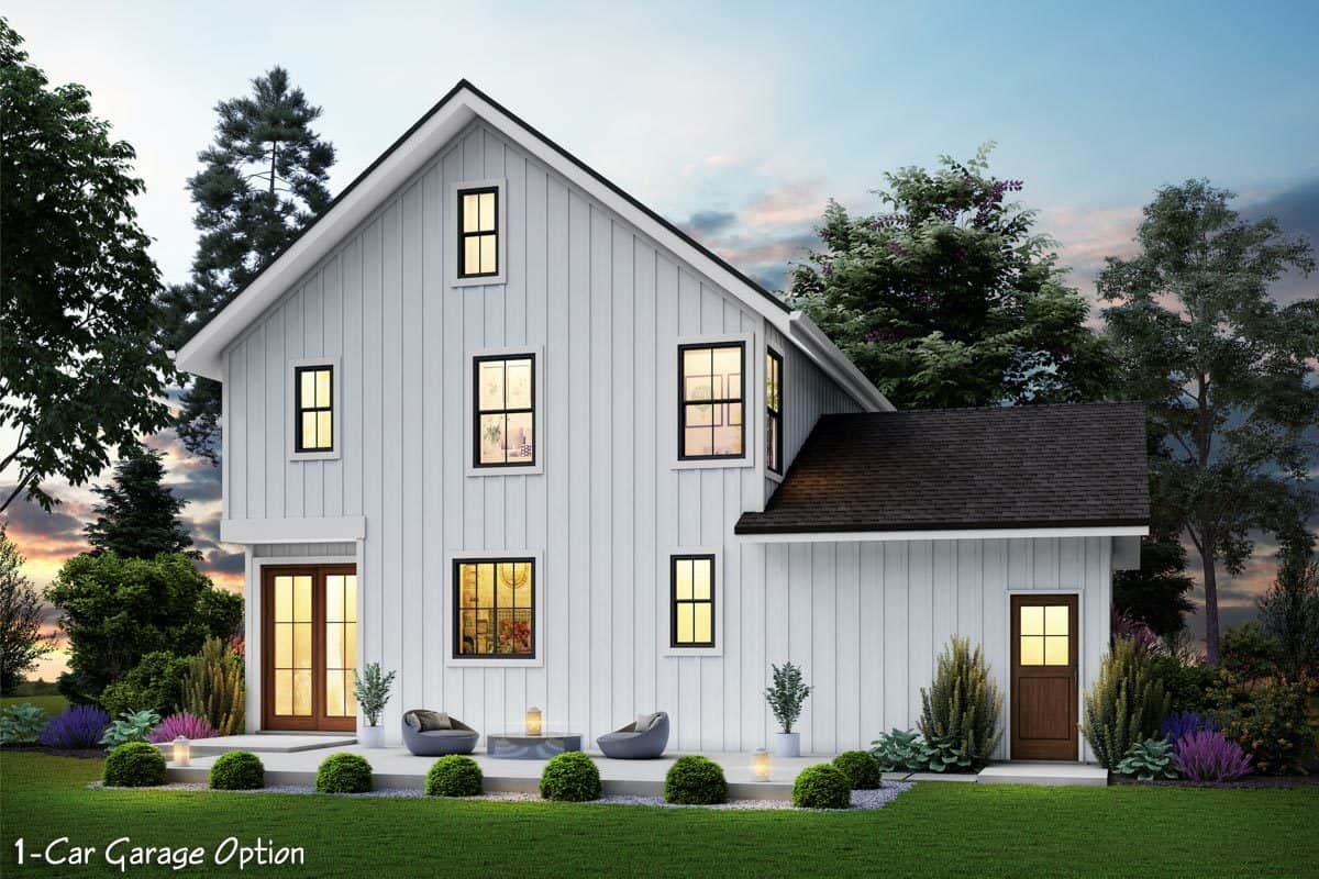 Rear rendering with a 1-car garage option.