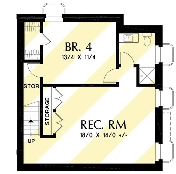 Lower level floor plan with an additional bedroom, a common bathroom, a rec room, and storage spaces.
