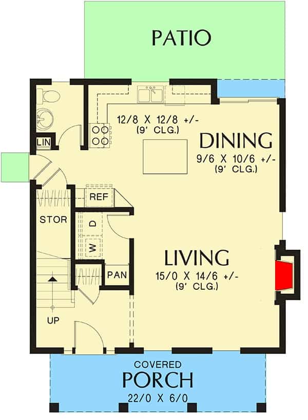 Main level floor plan of a 3-bedroom country style two-story home with front porch, living room, dining area, kitchen, and rear patio.