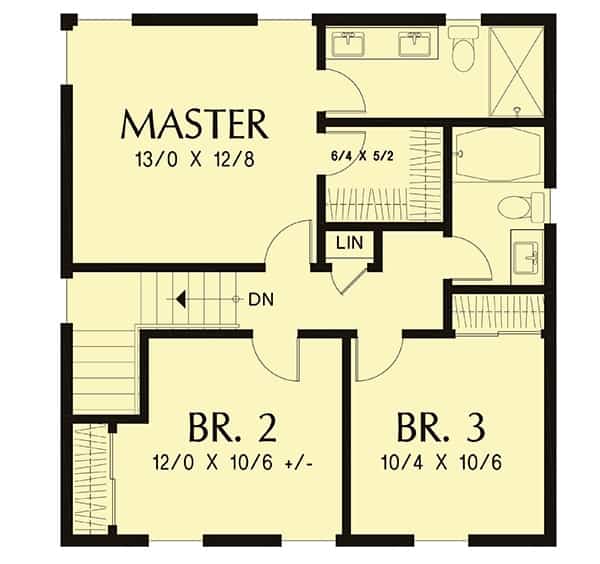 Second level floor plan with three bedrooms and two bathrooms.