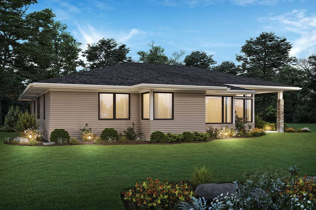 Rear rendering with hipped roofs, horizontal siding, and a covered porch lined with a stone base column.