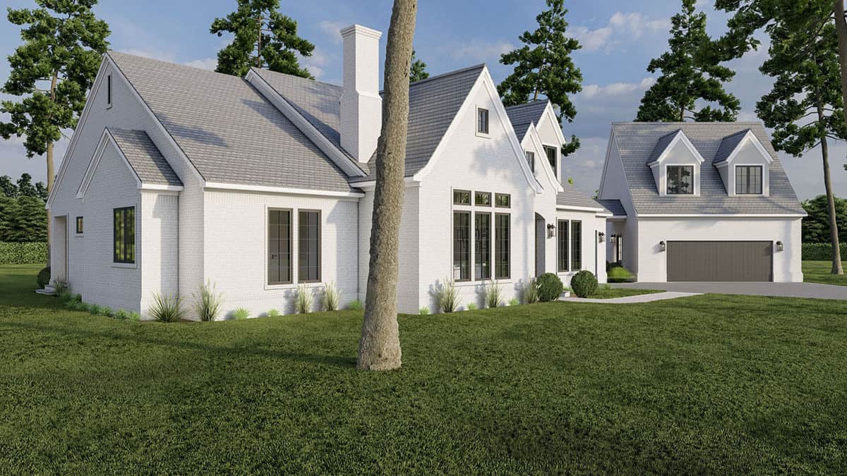 Front-left rendering with varying gable peaks and a brick chimney that matches the exterior walls.