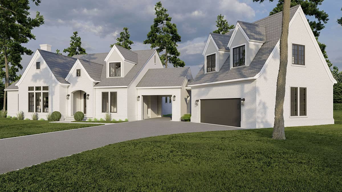 Front-right rendering showcasing the covered entry porch and a detached garage topped with gable dormers.