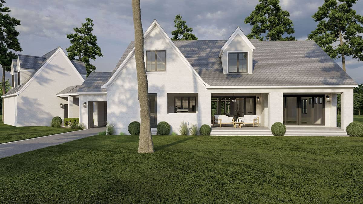 Rear rendering with framed windows, a spacious covered porch, and large sliding glass doors that create a seamless indoor-outdoor living.