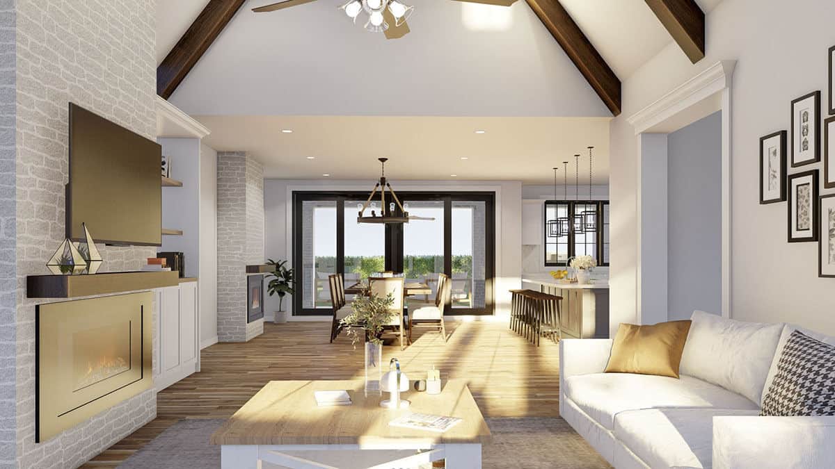 The great room opens completely to the dining area and kitchen.