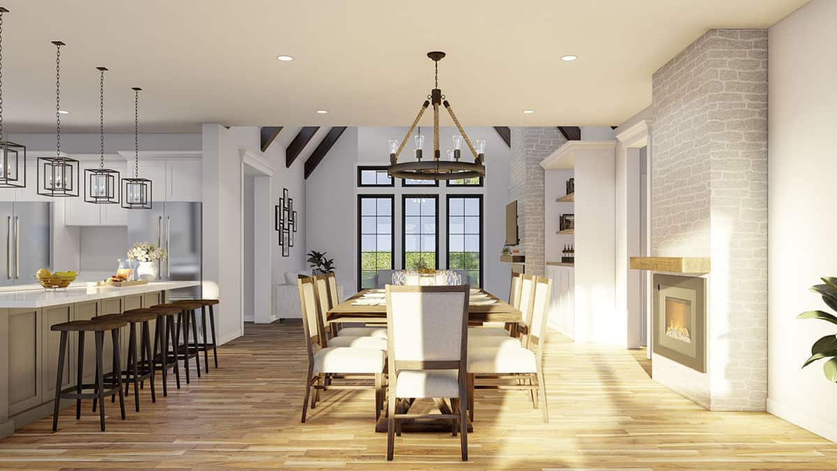 Another fireplace warms the combined dining area and kitchen. 