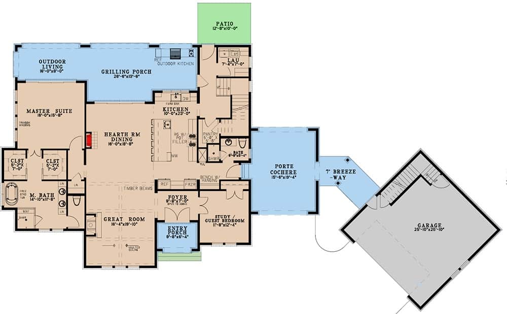 Main level floor plan of a 5-bedroom Acadian two-story country-inspired home with foyer, great room, hearth room, kitchen, two bedrooms, laundry room, a detached garage, and lots of outdoor space.