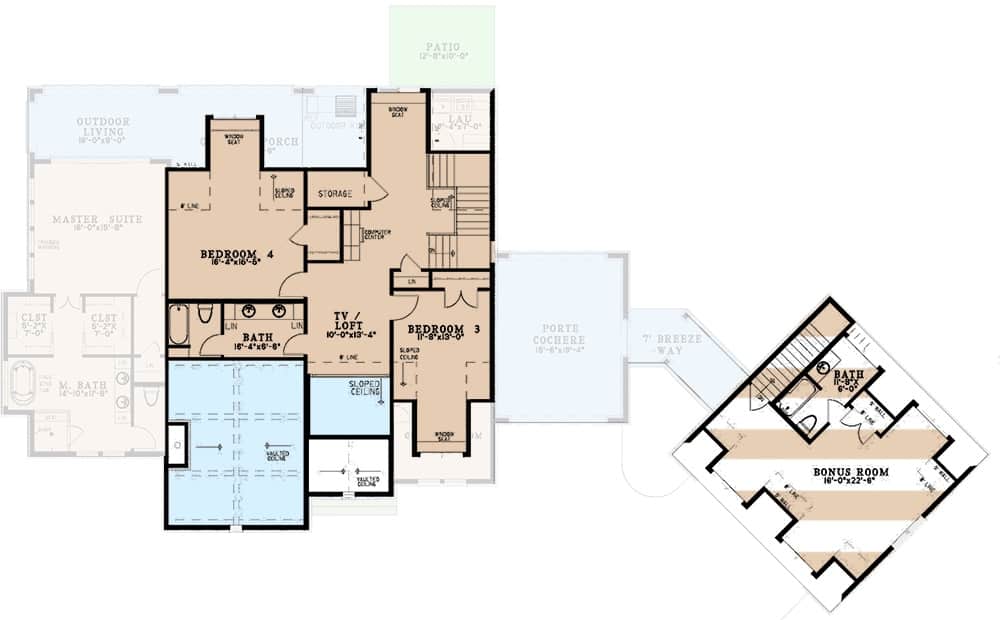 Second level floor plan with two more bedrooms, a loft, and a bonus room above the garage.