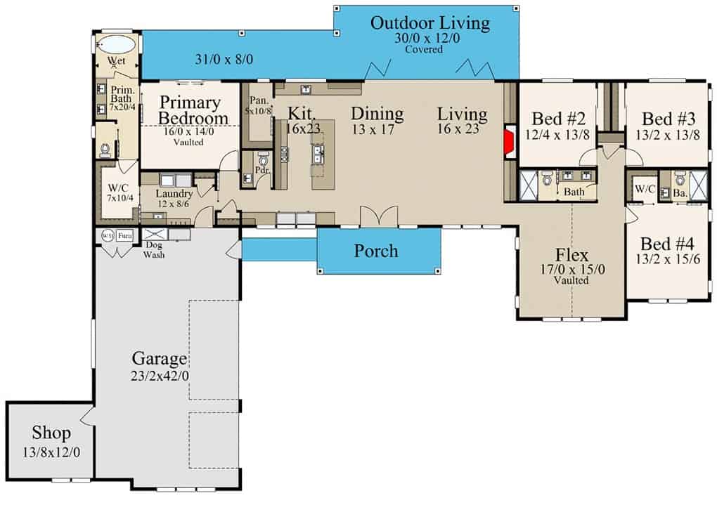 Main level floor plan of a single-story modern 4-bedroom hip roof home with living room, dining area, kitchen, four bedrooms, a flex room, and laundry room leading to the courtyard garage with a workshop.