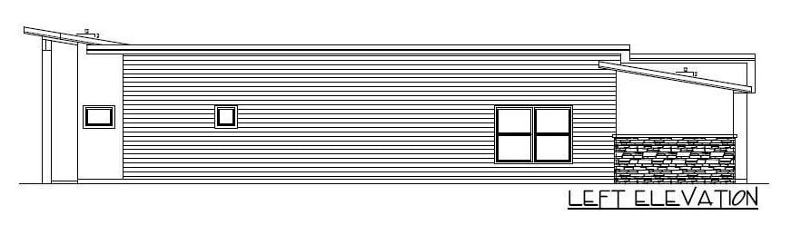 Left elevation sketch of the single-story modern 4-bedroom hip roof home.