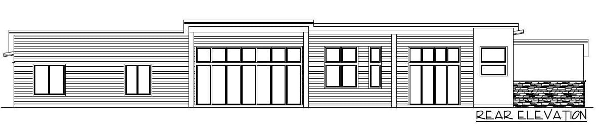 Rear elevation sketch of the single-story modern 4-bedroom hip roof home.