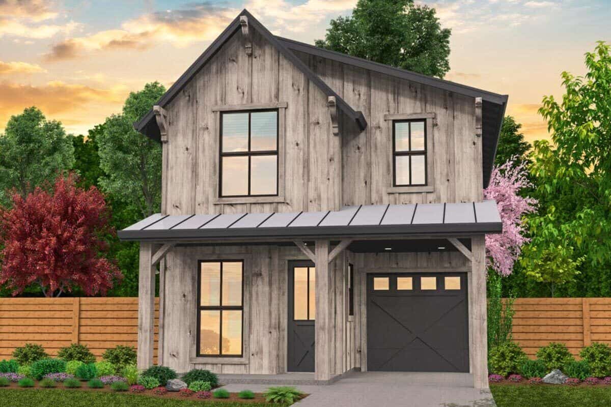 Front rendering with rustic wood siding, darker doors, and a covered porch.