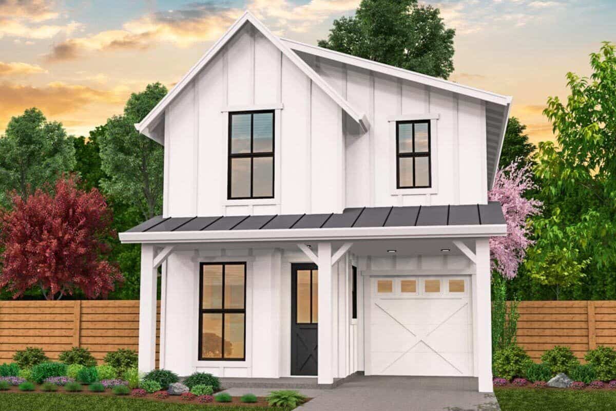 An alternate exterior showcasing white board and batten siding, contrasting front door, and framed windows.