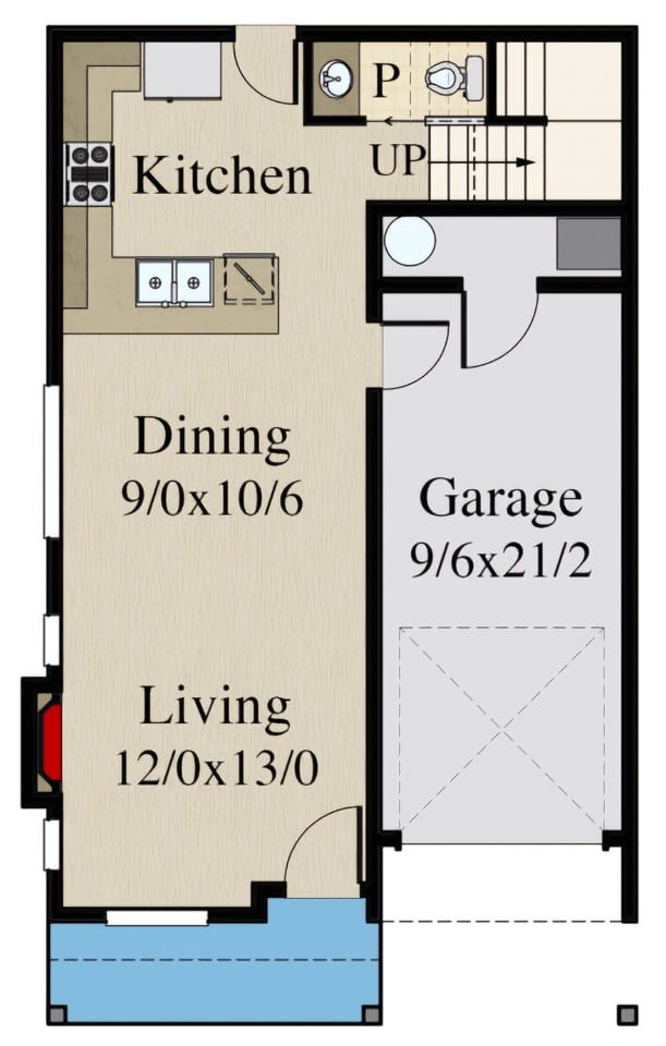 Main level floor plan of a contemporary rustic 3-bedroom two-story farmhouse with front porch, living room, dining area, kitchen, powder bath, and a single garage.