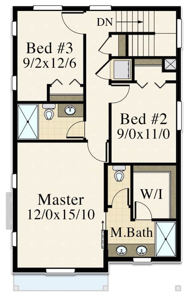 Second level floor plan with three bedrooms and two baths.