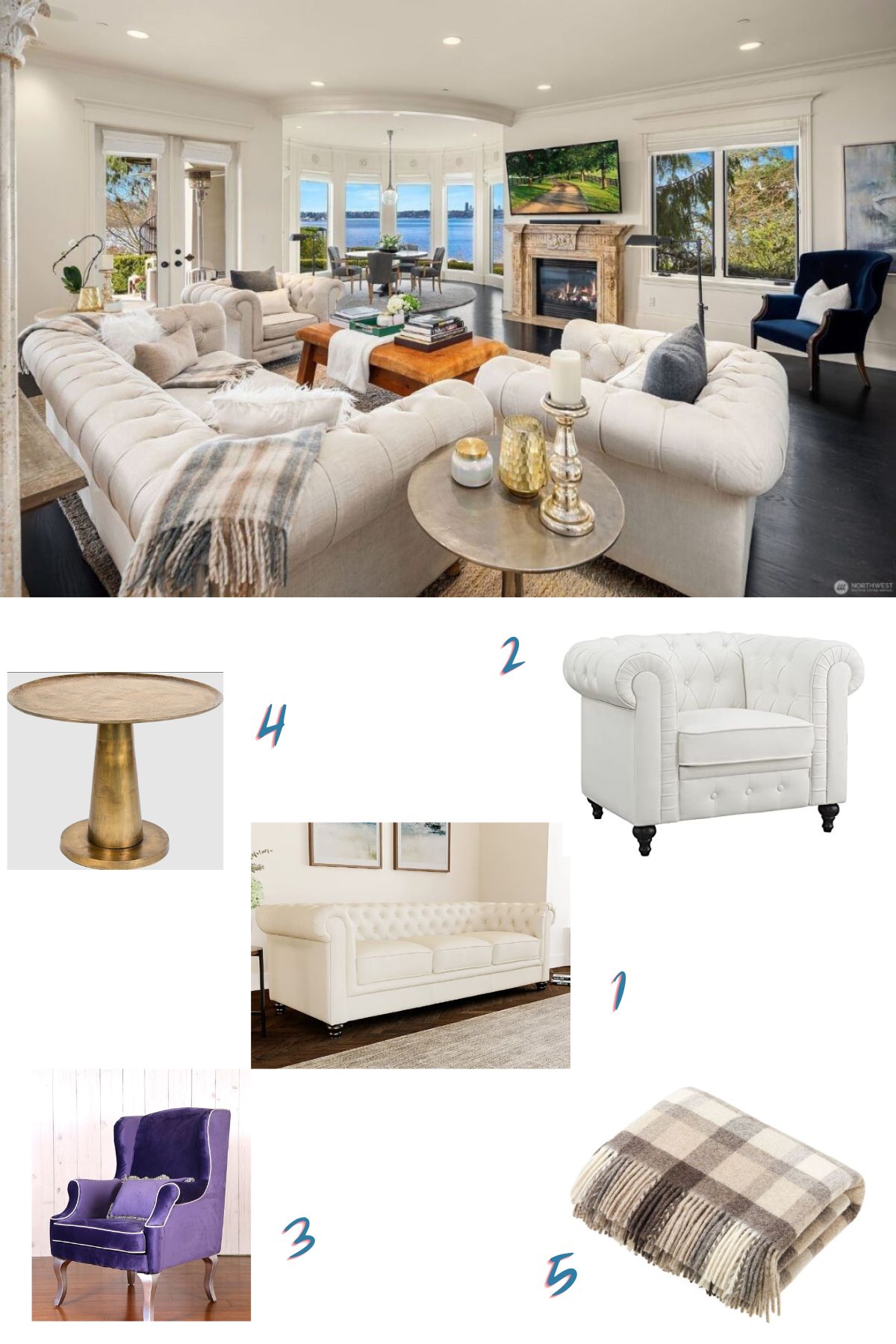 Cozy white living room with white Chesterfield sofa set, dark hardwood flooring, and stunning ocean views.