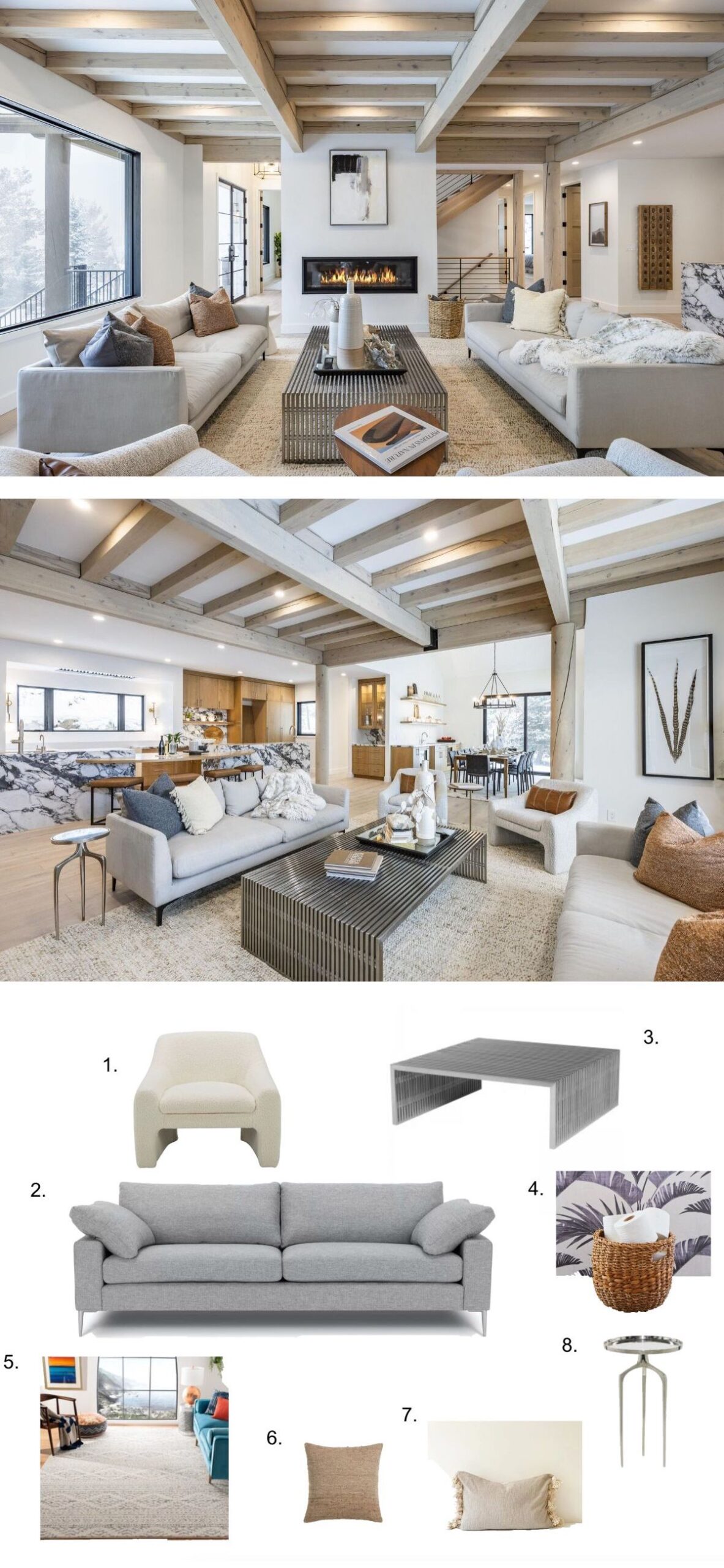 Detailed living room mood board with shopping list