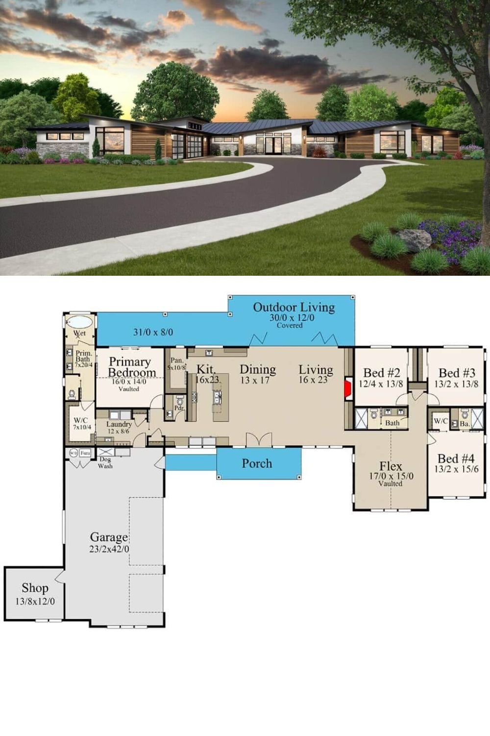 A mixture of stucco, stone, and wood along with attractive rooflines embellish this single-story modern hip roof home. It features a welcoming front porch and a courtyard entry garage complete with a dog wash station, a room for mechanicals, and a workshop. The garage accesses the home through the laundry room.
