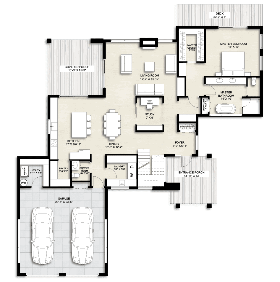 Main level floor plan of a 4-bedroom two-story modern home with foyer, dining room, kitchen, living room, primary suite, laundry room, and double garage.