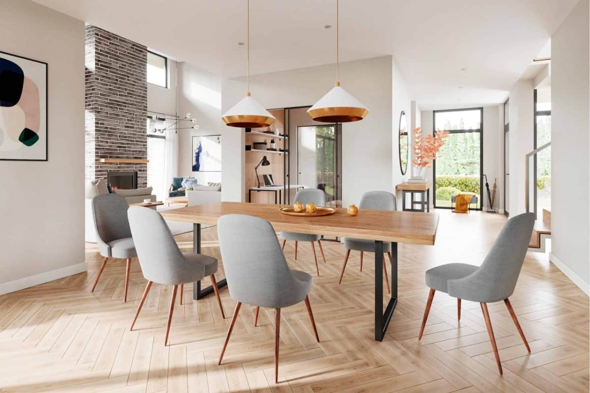 The dining area includes great views of the foyer, study, and living room.
