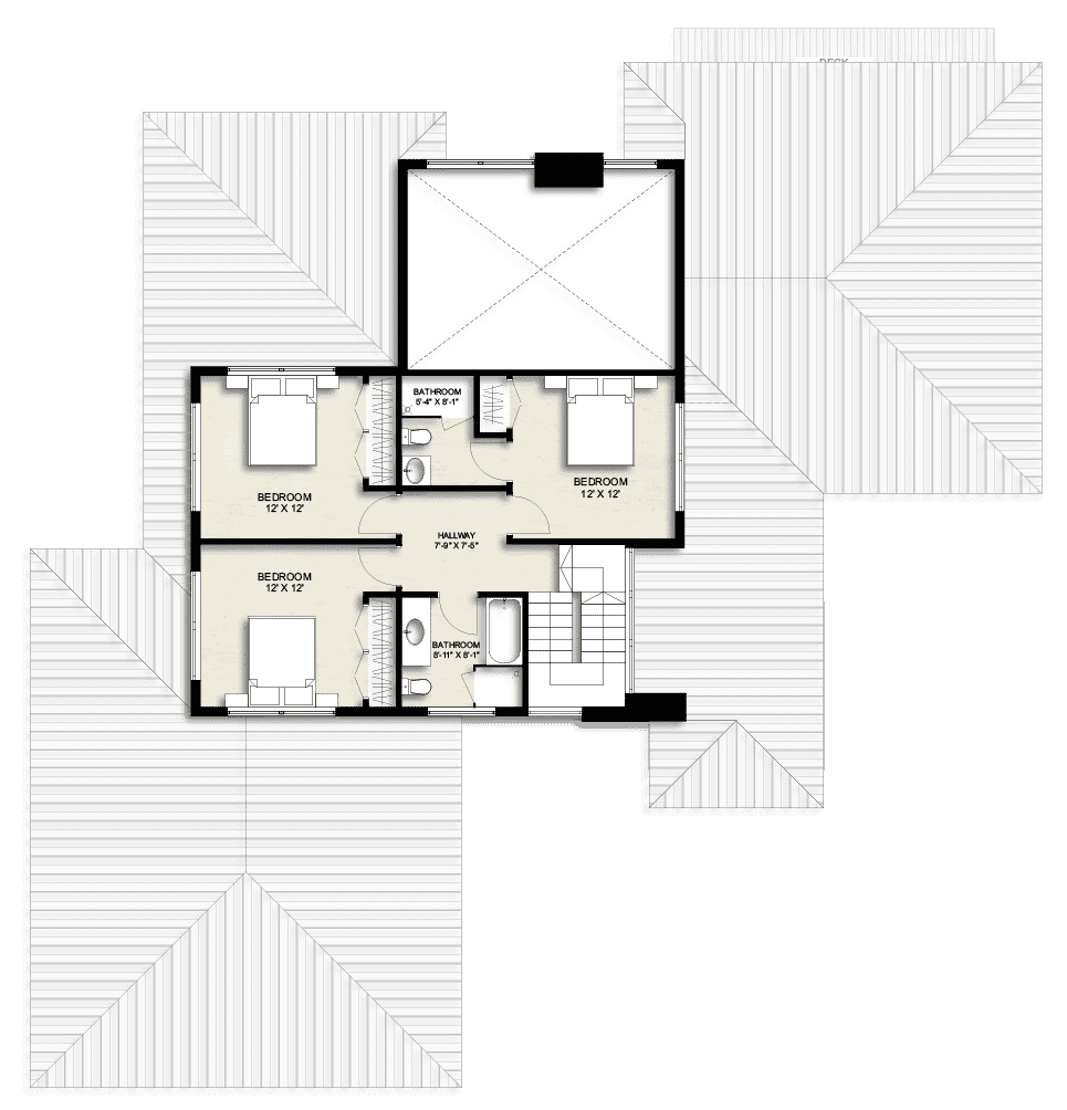 Second level floor plan with three bedrooms and two bathrooms.