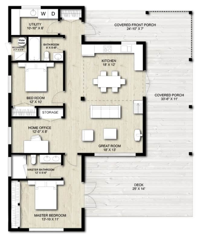 Main level floor plan of a 3-bedroom modern two-story home with great room, kitchen, home office, utility room, and two bedrooms including the primary suite.