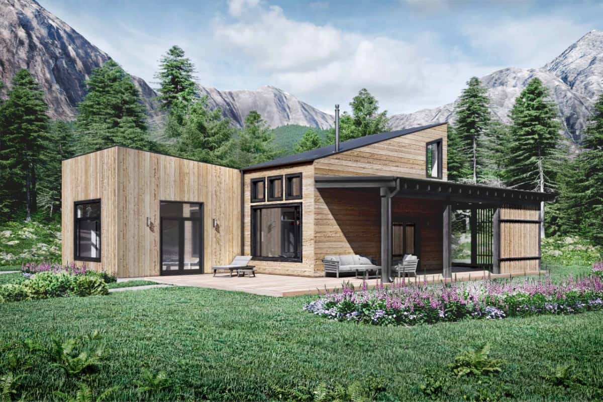 Rear rendering with slanting roofs, large windows, and a partially covered deck filled with multiple sitting areas.
