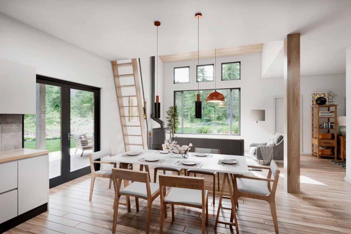 A French door extends the dining area onto a covered porch.