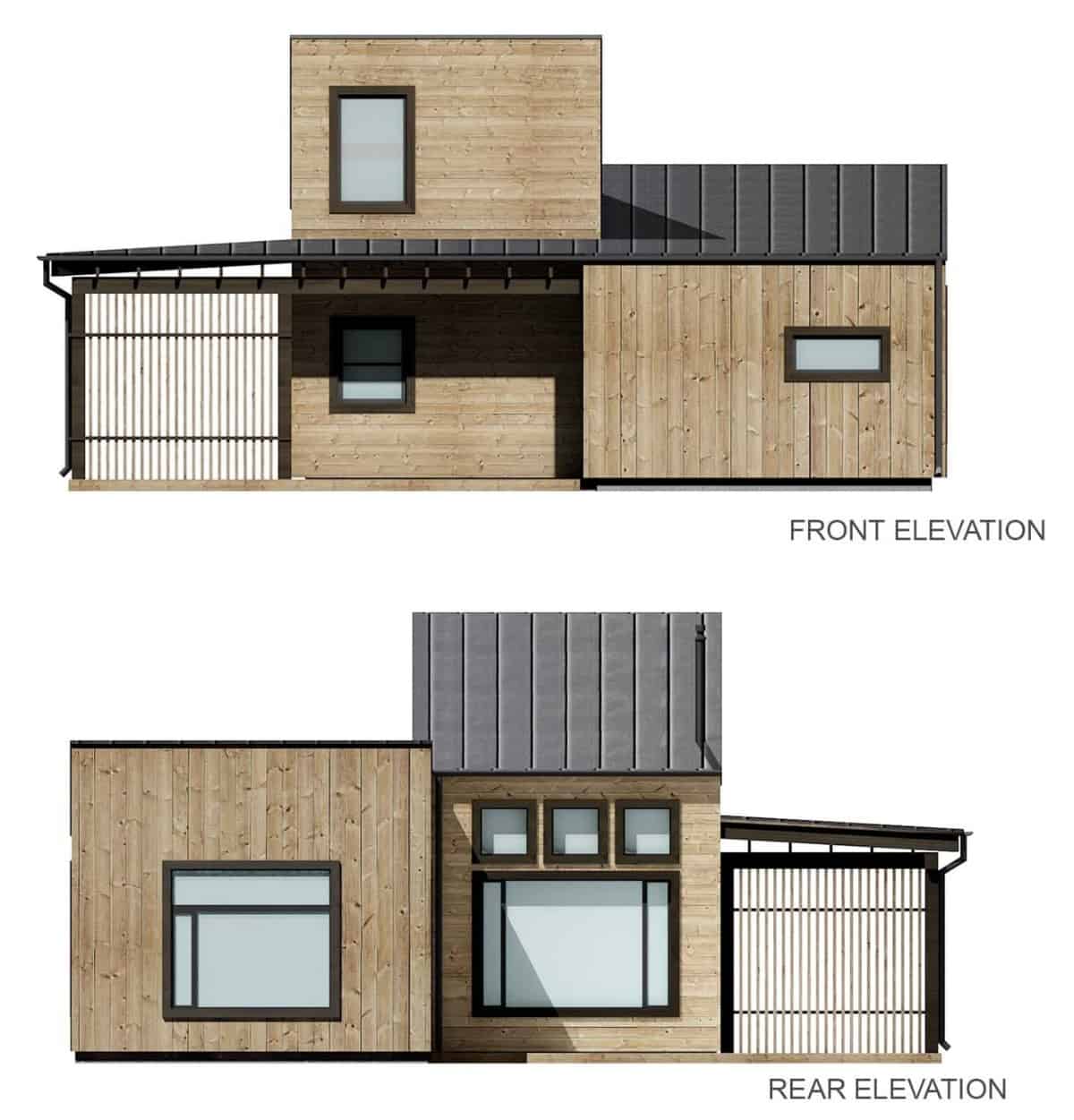 Front and rear elevation sketch of the 3-bedroom modern two-story home.